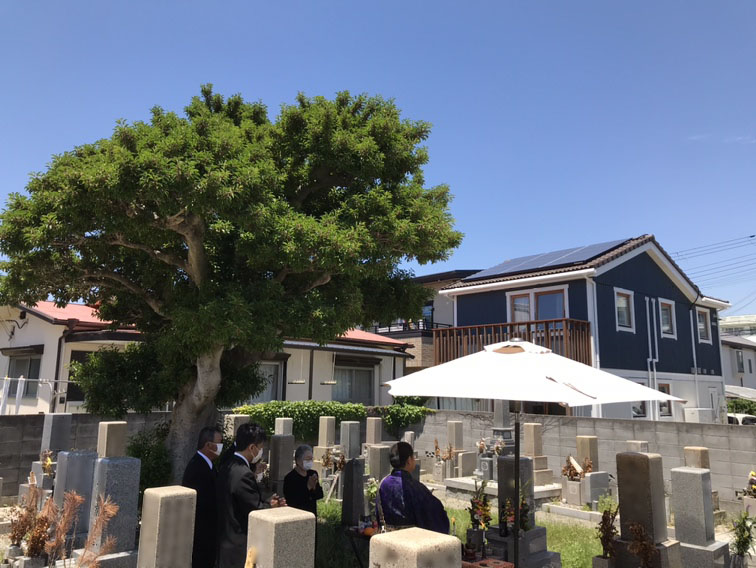 明石の海の近くにある善国寺の墓地は、住宅地に囲まれ、こじんまりした静かな墓地