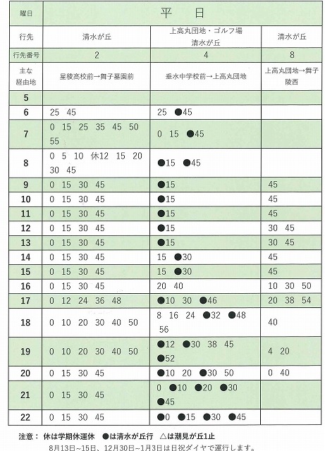 舞子墓園への行き方。JR垂水駅発2・4・8系統の時刻表（平日）