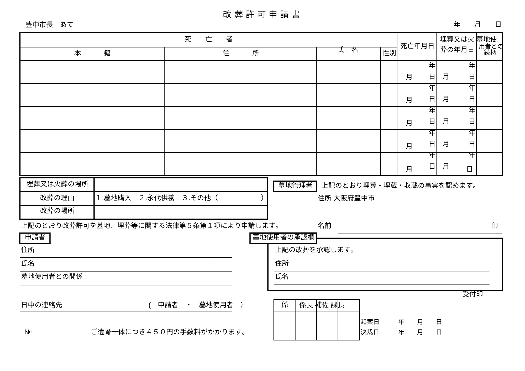豊中市　改葬許可申請書