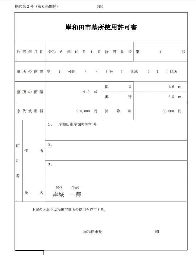 岸和田市　霊地使用許可証