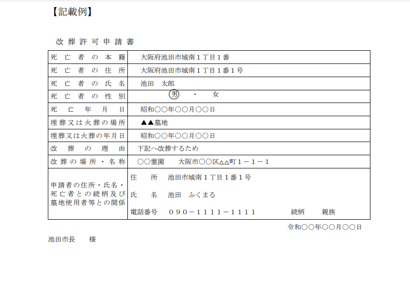 池田市　改葬許可申請書　見本　大阪石材